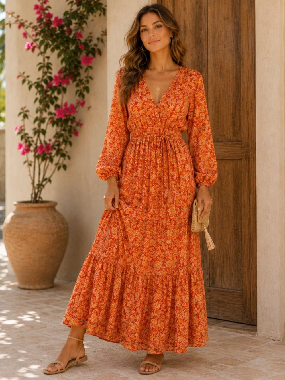 Poupette St Barth Floral Maxi Tiered Dress Orange Smocked Belt Attached L